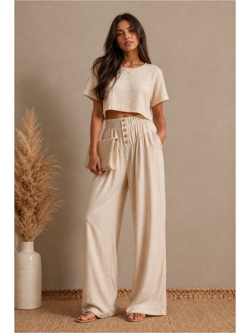NWT High-Waist Wide-Leg Linen Blend Pant Set - Oatmeal